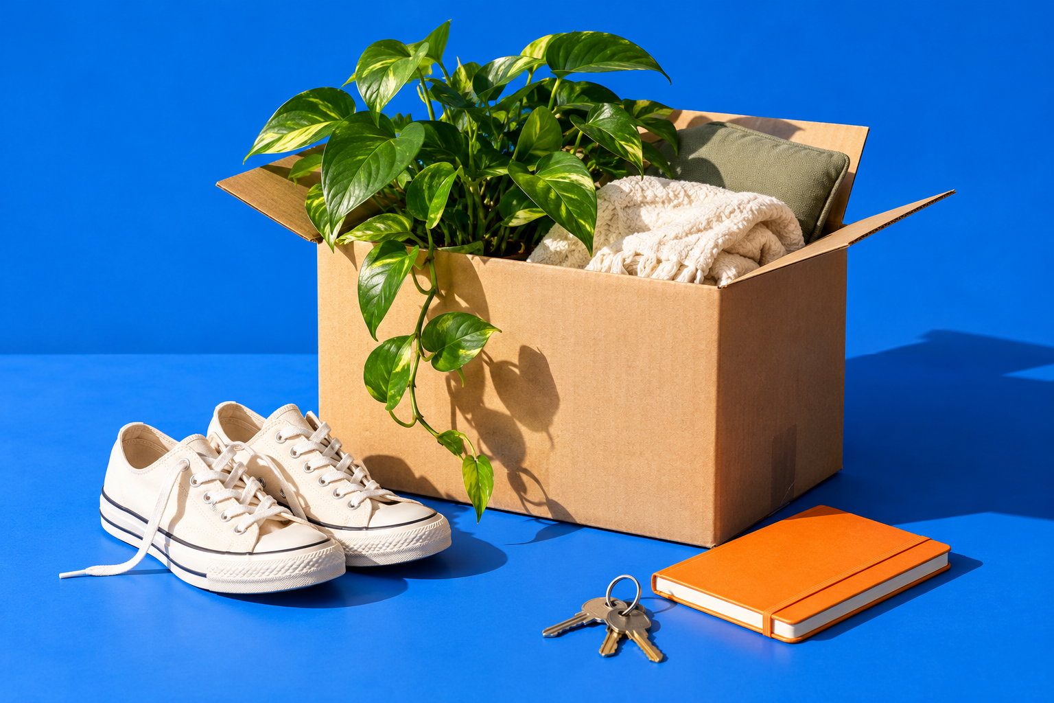 A moving box, houseplant, sneakers, notebook and keys on a bright blue background
